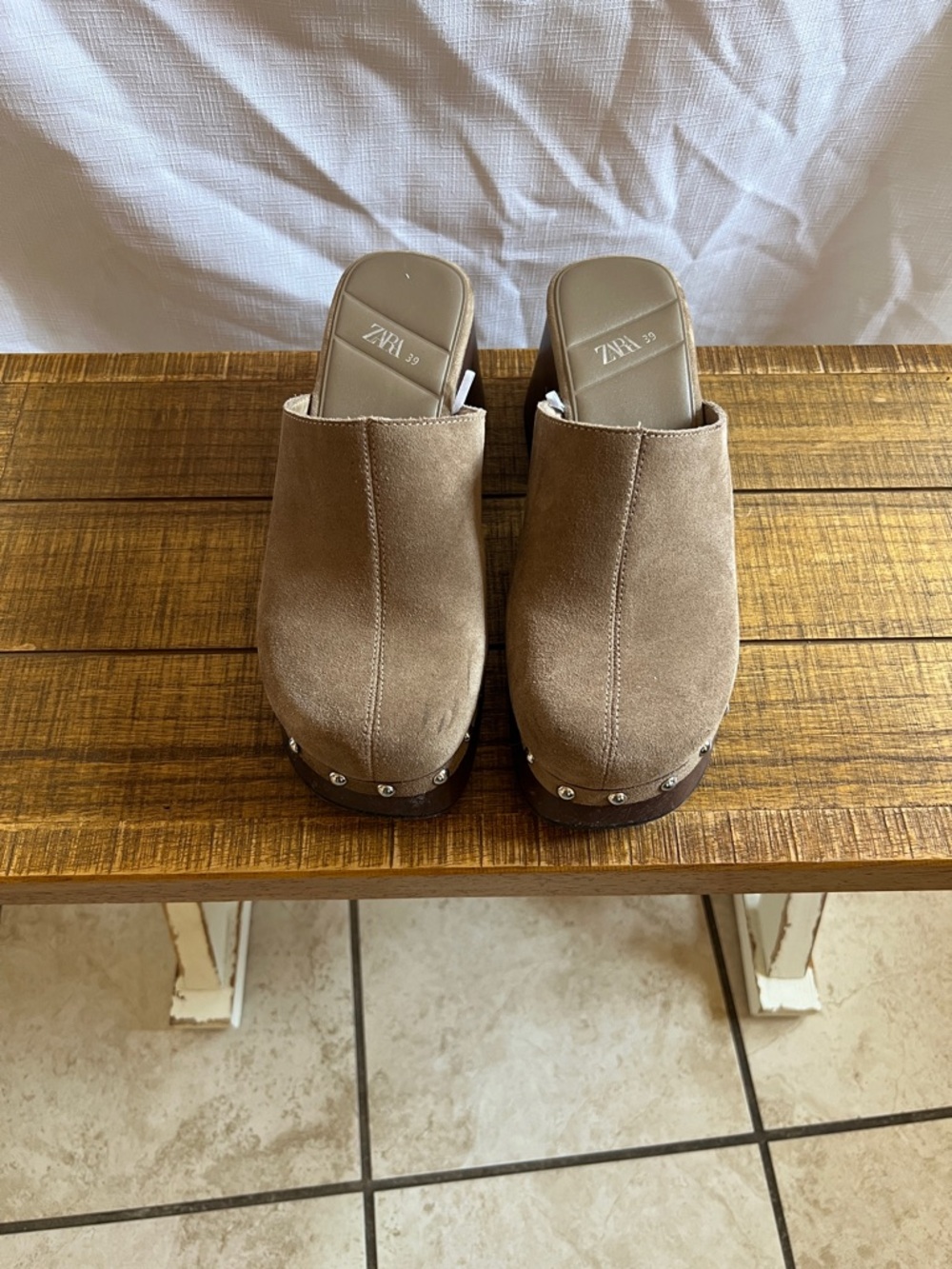 ZARA Taupe Suede Studded Clog Mules